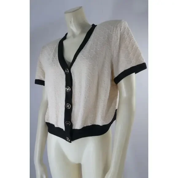 Vintage St. John Collection Knit Cardigan Ivory Black Trim Short Sleeve Size 6 - Picture 9 of 16